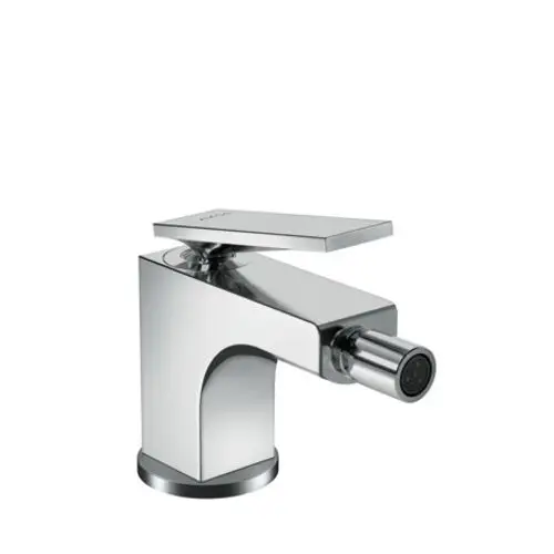 Einhebel-Bidetmischer von AXOR mit Hebelgriff und Zugstangen-Ablaufgarnitur in chromfarbener Ausführung. Klarer, moderner Designstil.
